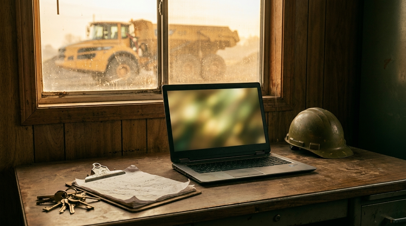 The back office behind a working dump truck: a laptop, hard hat, keys and paperwork on a yard-office desk with a truck through the window
